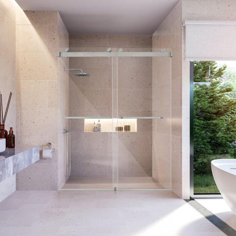 Bolani Frameless Clear Glass Shower Door with Brushed Nickel Hardware
