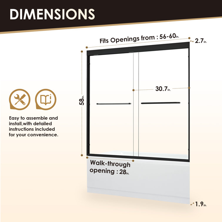Ennis Matte Black 60" x 58" Framed Tub Door with Clear Glass