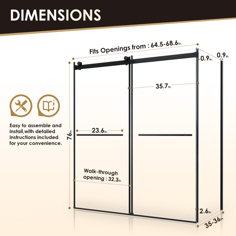 Belizzi 68" Matte Black Frameless Glass Shower Enclosure