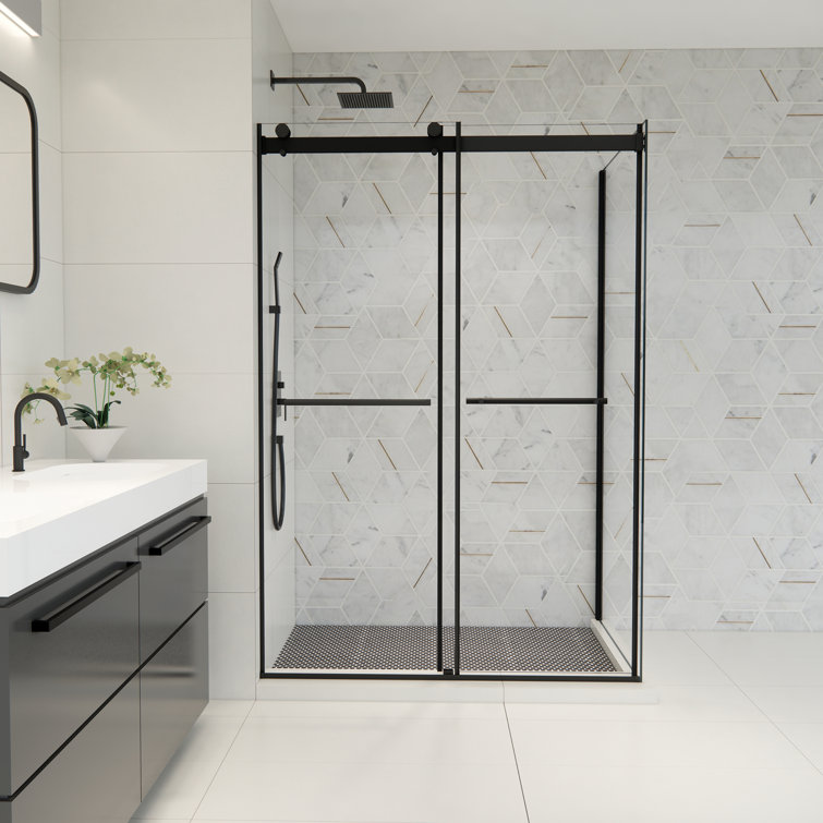 Belizzi 52" W x 76" H Frameless Matte Black Shower Enclosure with Clear Glass