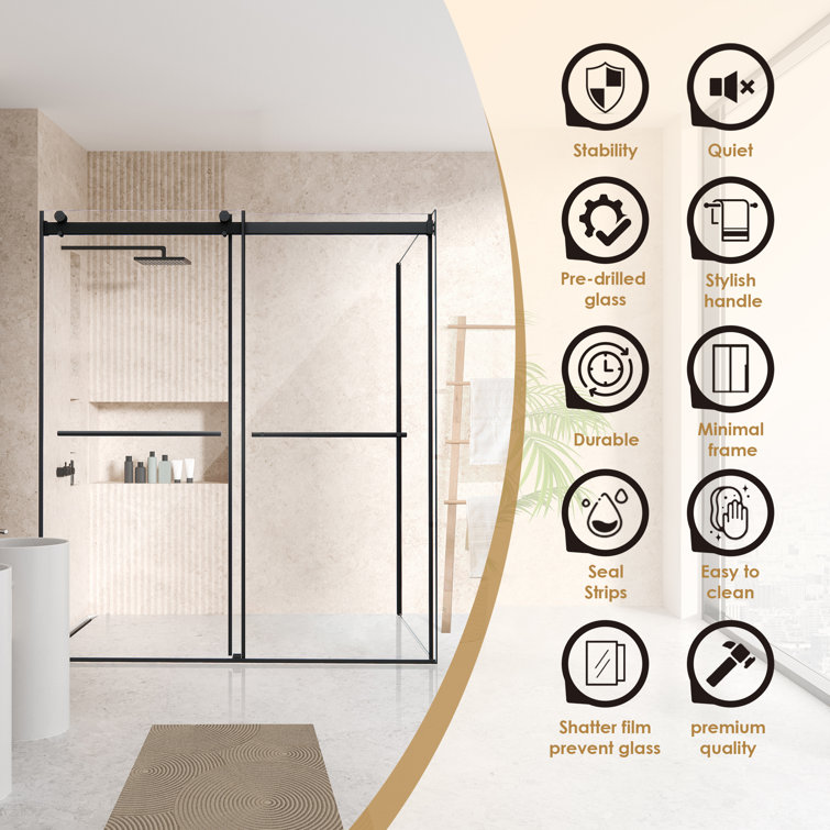 Belizzi 68" Matte Black Frameless Glass Shower Enclosure