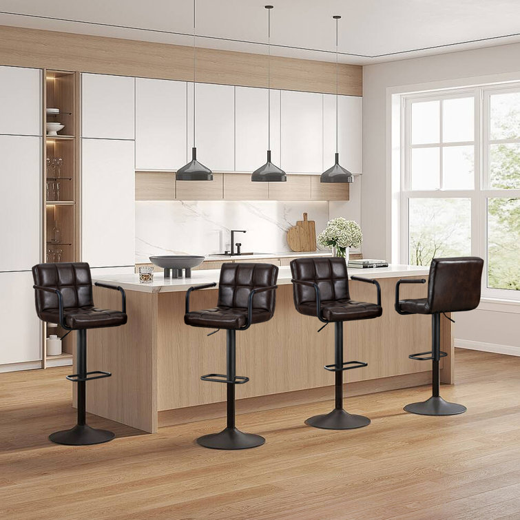 Adjustable Black Brown Faux Leather Swivel Bar Stools with Pedestal Base