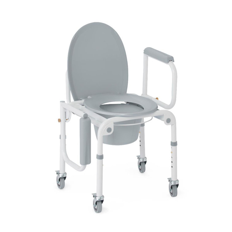 Gray Steel Drop Arm Commode with Wheels and Padded Seat