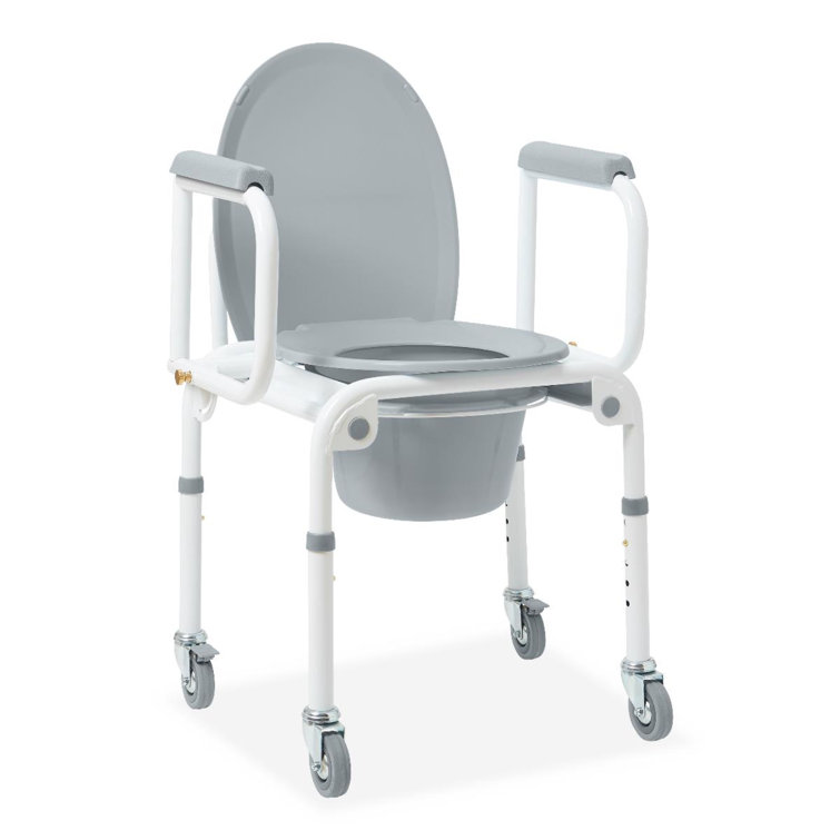 Gray Steel Drop Arm Commode with Wheels and Padded Seat