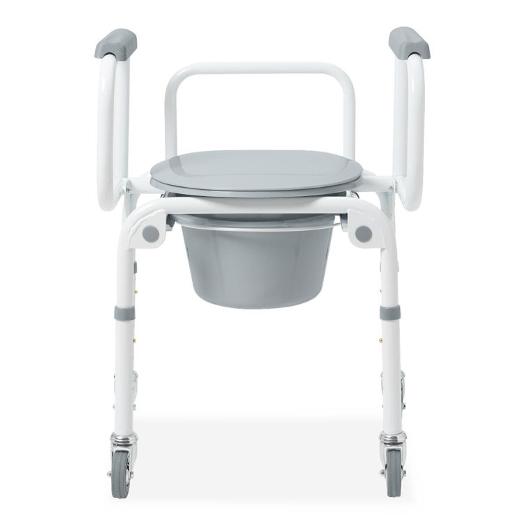 Gray Steel Drop Arm Commode with Wheels and Padded Seat