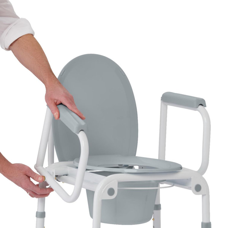 Gray Steel Drop Arm Commode with Wheels and Padded Seat