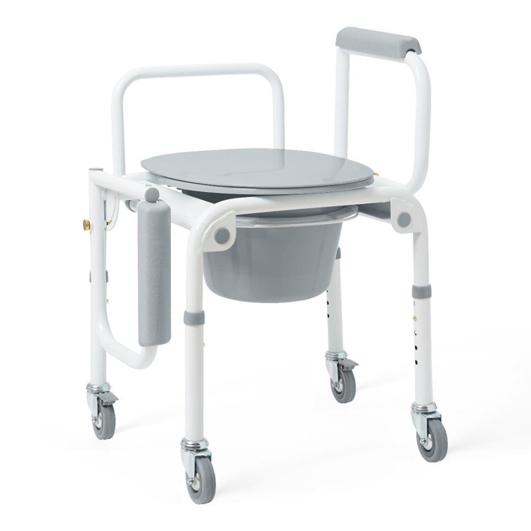 Gray Steel Drop Arm Commode with Wheels and Padded Seat