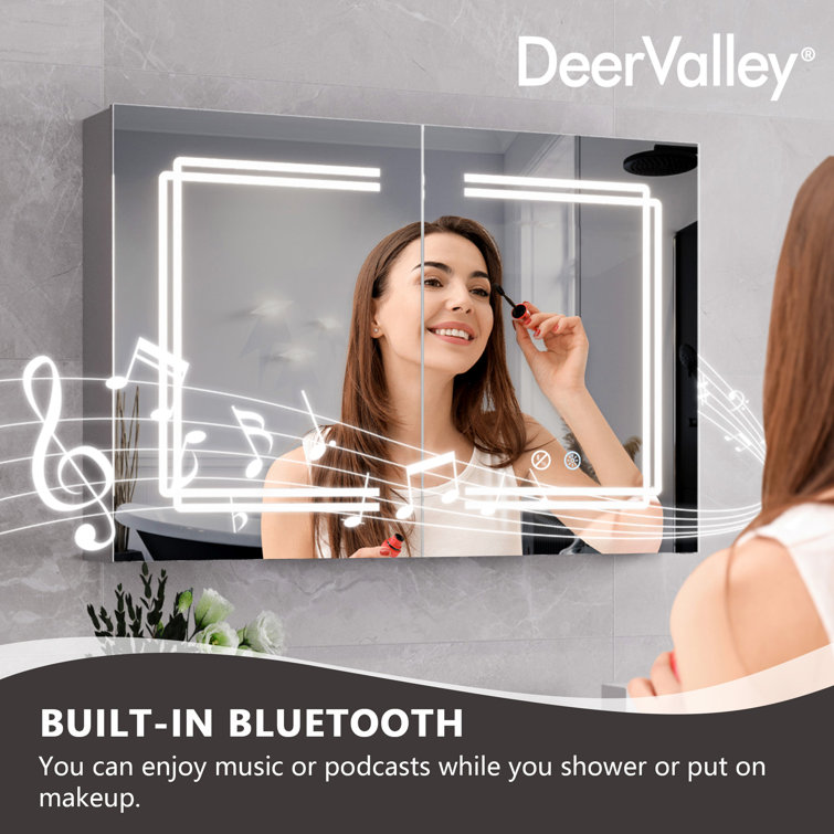 Silver Aluminum LED Medicine Cabinet with Mirror and Bluetooth Speaker