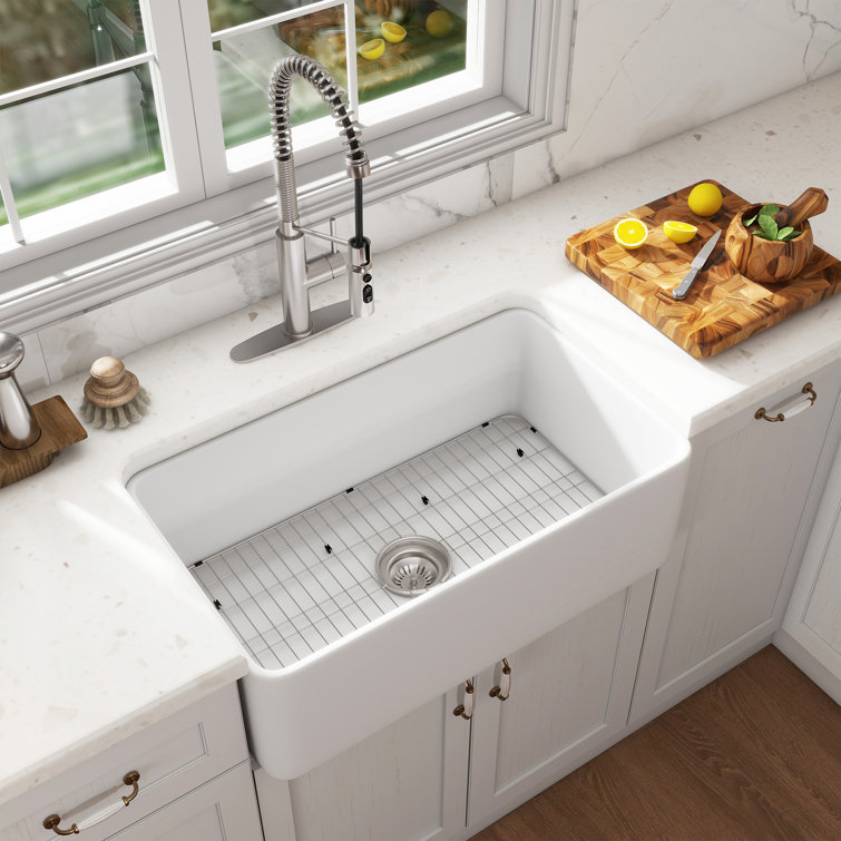 White Fireclay Single Bowl Farmhouse Kitchen Sink with Brushed Nickel Faucet