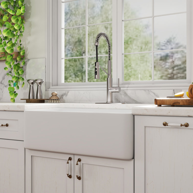 White Fireclay Single Bowl Farmhouse Kitchen Sink with Brushed Nickel Faucet