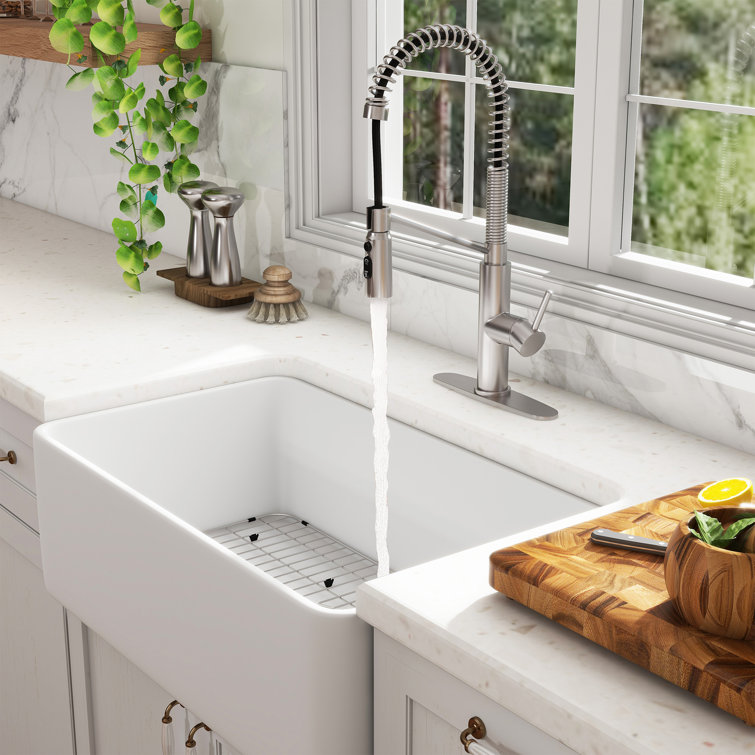 White Fireclay Single Bowl Farmhouse Kitchen Sink with Brushed Nickel Faucet
