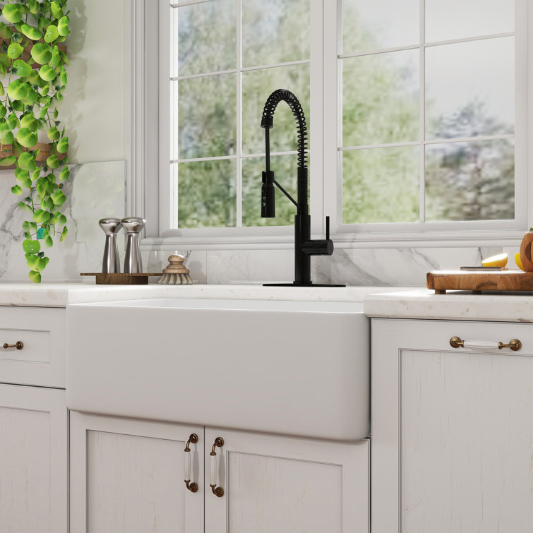 White Fireclay Farmhouse Kitchen Sink with Matte Black Faucet