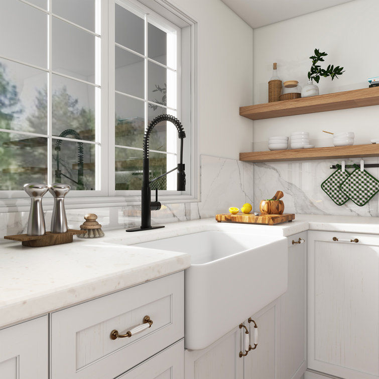 White Fireclay Farmhouse Kitchen Sink with Matte Black Faucet