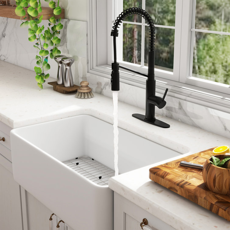 White Fireclay Farmhouse Kitchen Sink with Matte Black Faucet