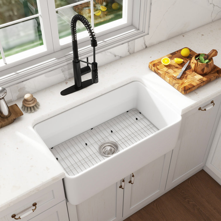 White Fireclay Farmhouse Kitchen Sink with Matte Black Faucet