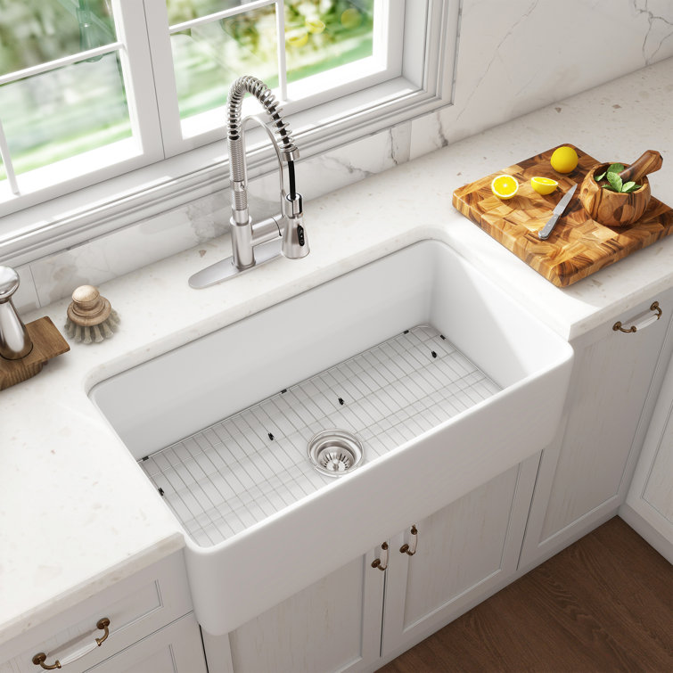 White Fireclay Single Bowl Farmhouse Sink with Brushed Nickel Faucet