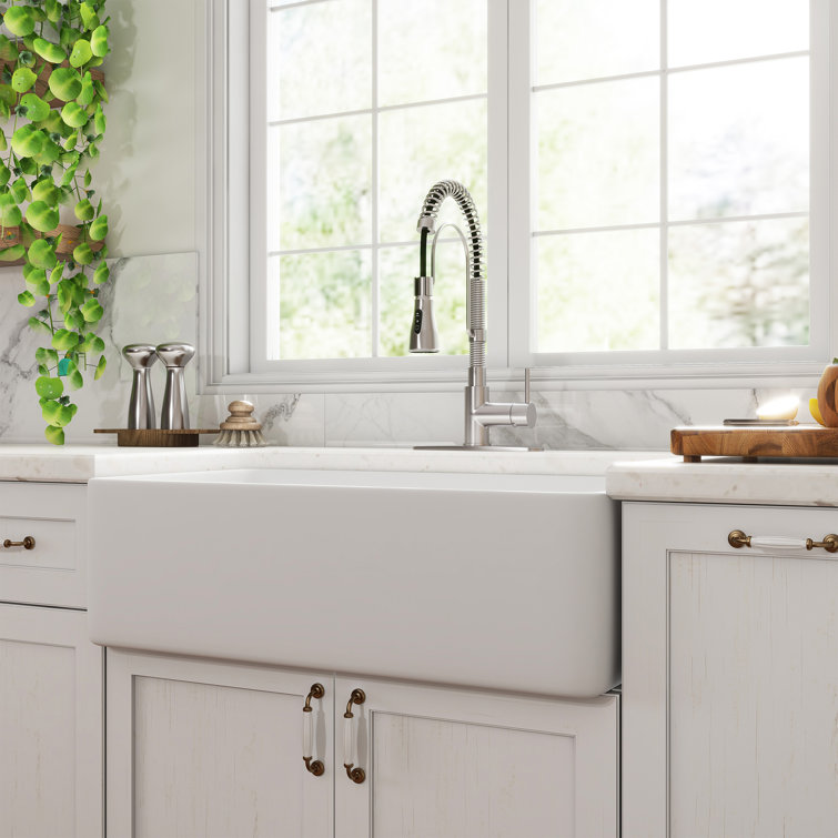 White Fireclay Single Bowl Farmhouse Sink with Brushed Nickel Faucet
