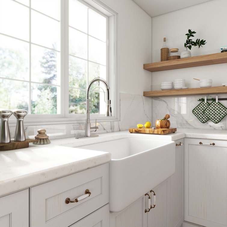 White Fireclay Single Bowl Farmhouse Sink with Brushed Nickel Faucet