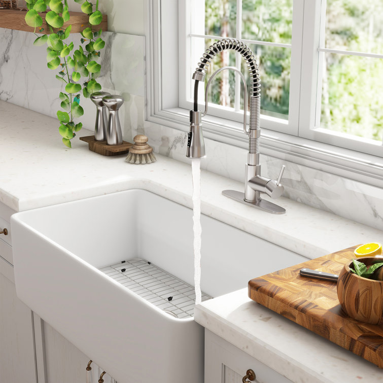 White Fireclay Single Bowl Farmhouse Sink with Brushed Nickel Faucet