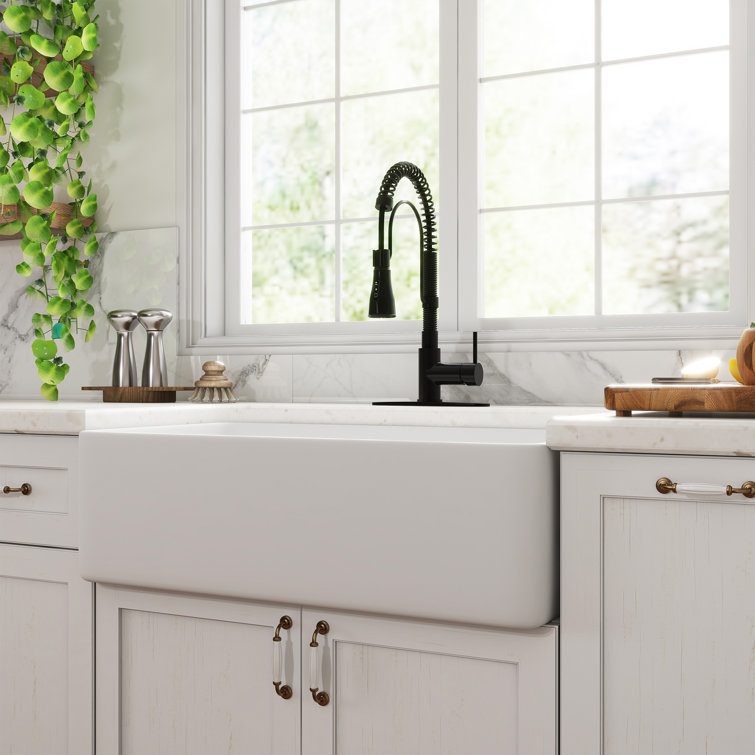 White Fireclay Single Bowl Farmhouse Kitchen Sink with Matte Black Faucet