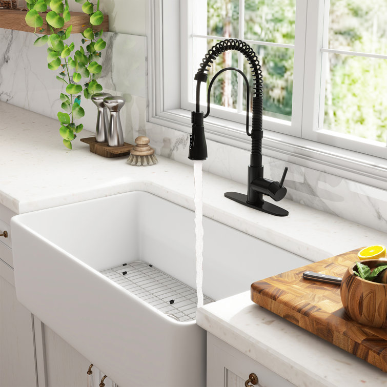 White Fireclay Single Bowl Farmhouse Kitchen Sink with Matte Black Faucet