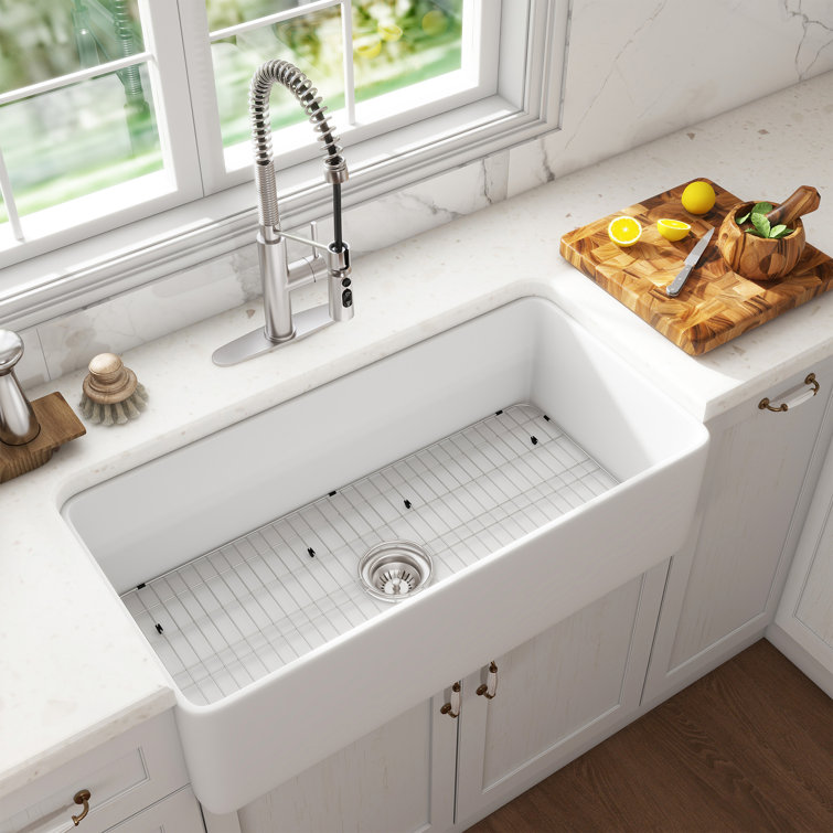 36" White Fireclay Farmhouse Kitchen Sink with Brushed Nickel Faucet