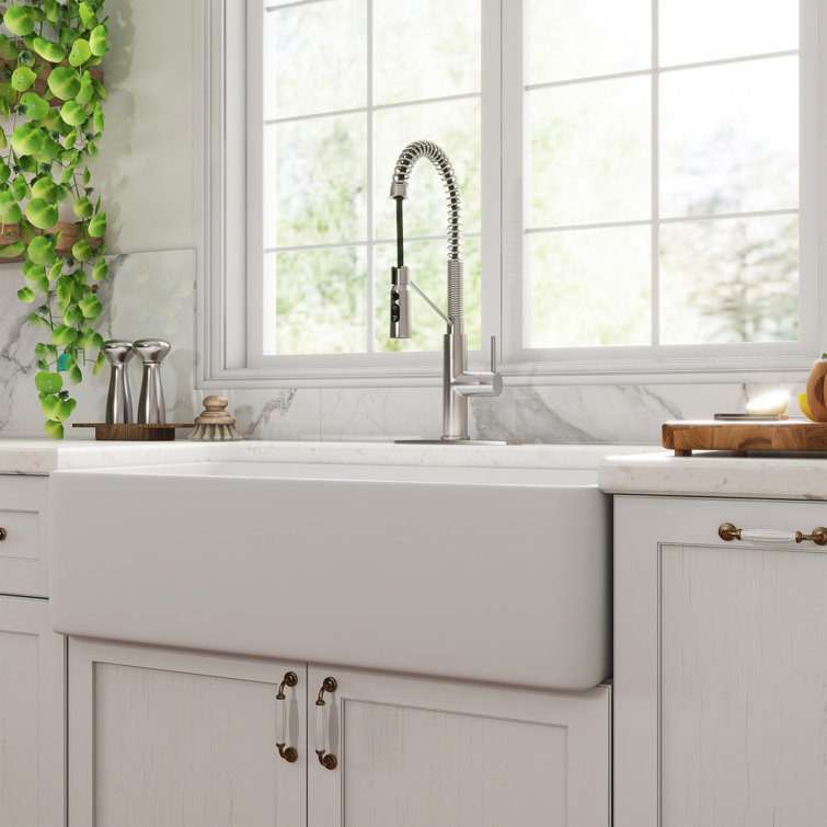 36" White Fireclay Farmhouse Kitchen Sink with Brushed Nickel Faucet