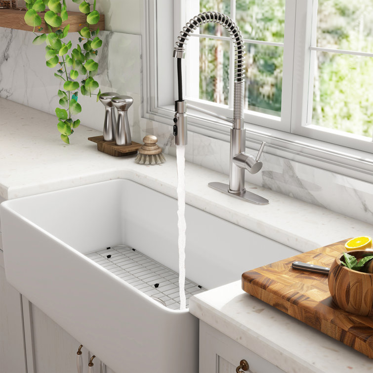 36" White Fireclay Farmhouse Kitchen Sink with Brushed Nickel Faucet