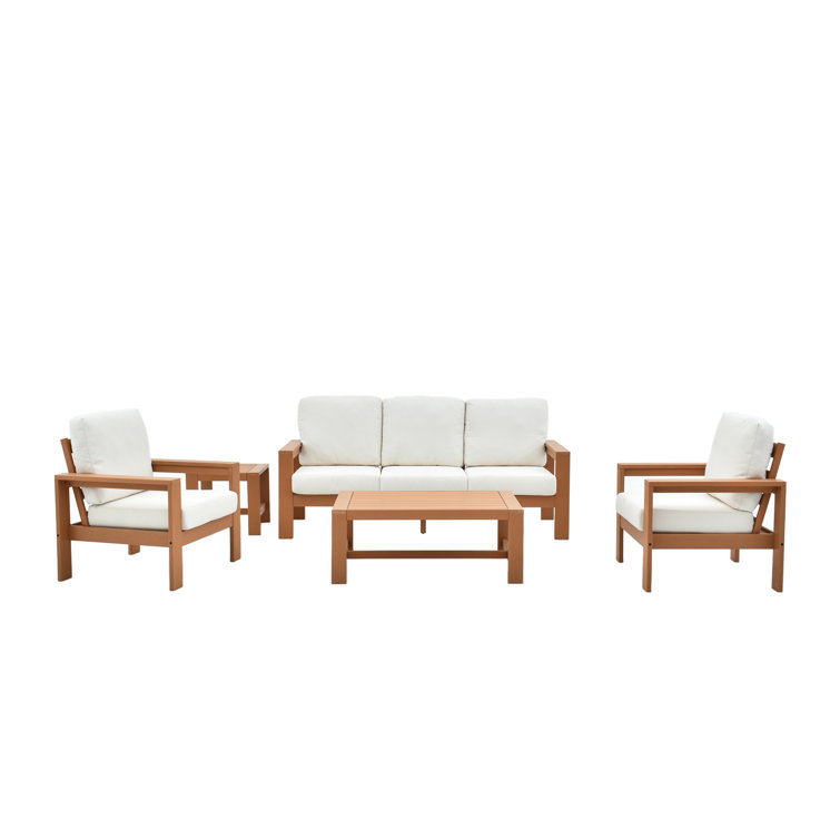 Madrid 5-Person Outdoor Seating Group with White Cushions and Wooden Frame