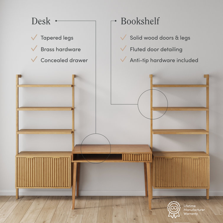 Warm Pine Wood Fluted Desk with Bookshelves and Drawer