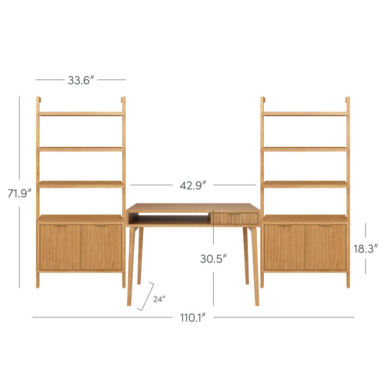 Warm Pine Wood Fluted Desk with Bookshelves and Drawer