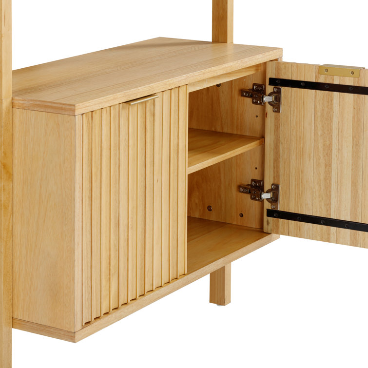 Warm Pine Wood Fluted Desk with Bookshelves and Drawer