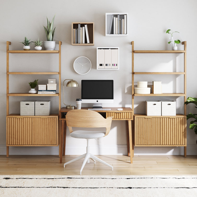 Warm Pine Wood Fluted Desk with Bookshelves and Drawer