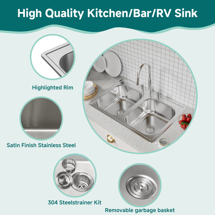 Stainless Steel 33" Double Bowl Drop-In Kitchen Sink