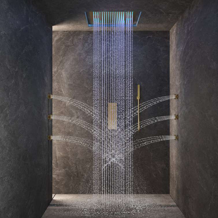 Brushed Gold Large LED Rainfall Shower System with Handheld and Music