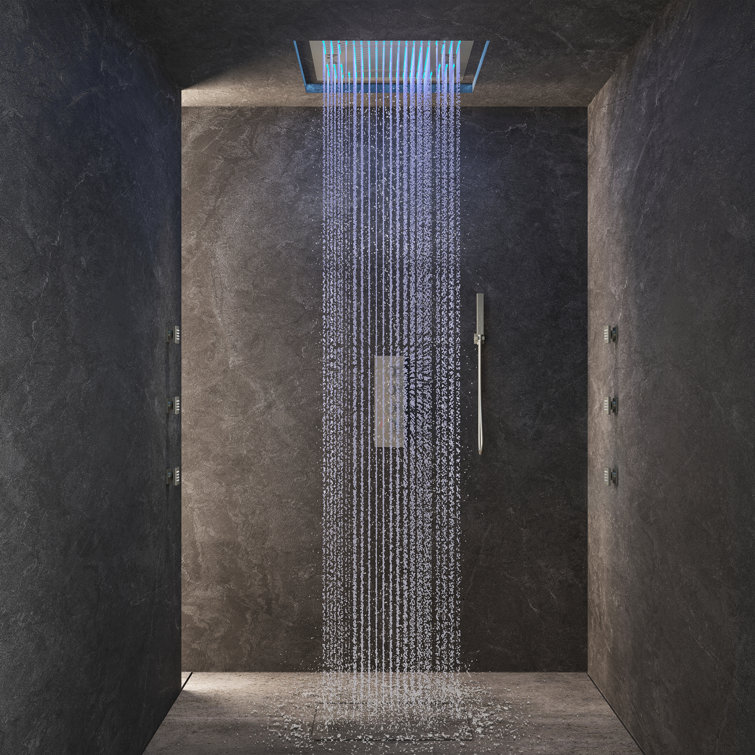 Brushed Nickel Square LED Rain Shower System with Handheld and Bluetooth Speaker