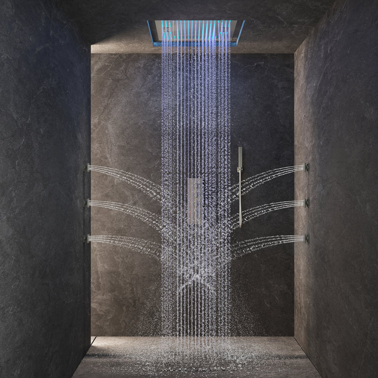 Brushed Nickel Square LED Rain Shower System with Handheld and Bluetooth Speaker