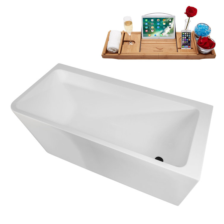 59" Glossy White Acrylic Freestanding Soaking Tub with Matte Black Trim