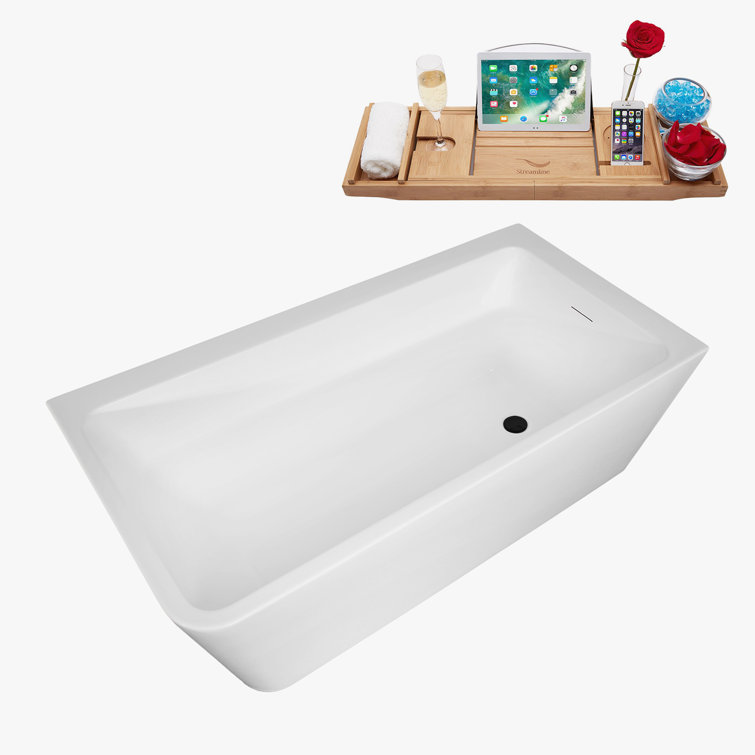 59" Glossy White Acrylic Freestanding Soaking Tub with Matte Black Trim