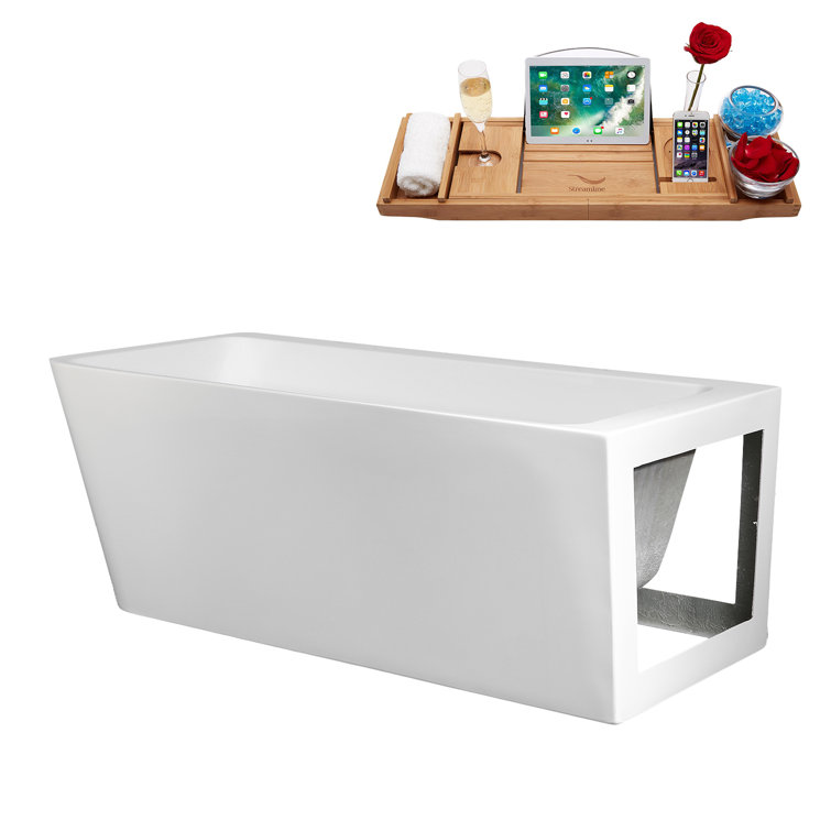 59" Glossy White Acrylic Freestanding Soaking Tub with Matte Black Trim