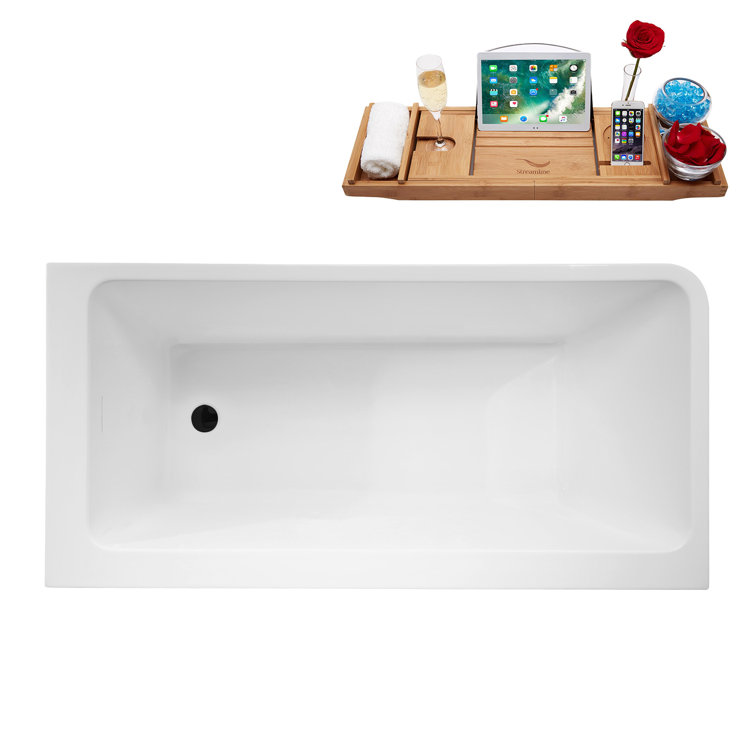 59" Glossy White Acrylic Freestanding Soaking Tub with Matte Black Trim