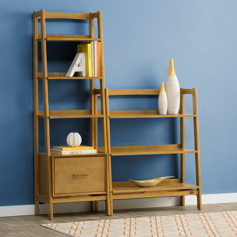 Mid-Century Modern Acorn Brown Wood Ladder Bookcase