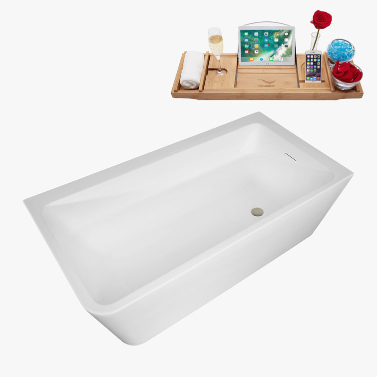 59" Glossy White Acrylic Freestanding Soaking Bathtub with Bamboo Tray