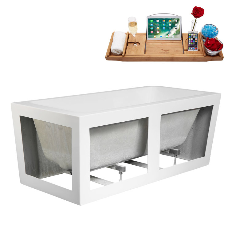 59" Glossy White Acrylic Freestanding Soaking Bathtub with Bamboo Tray