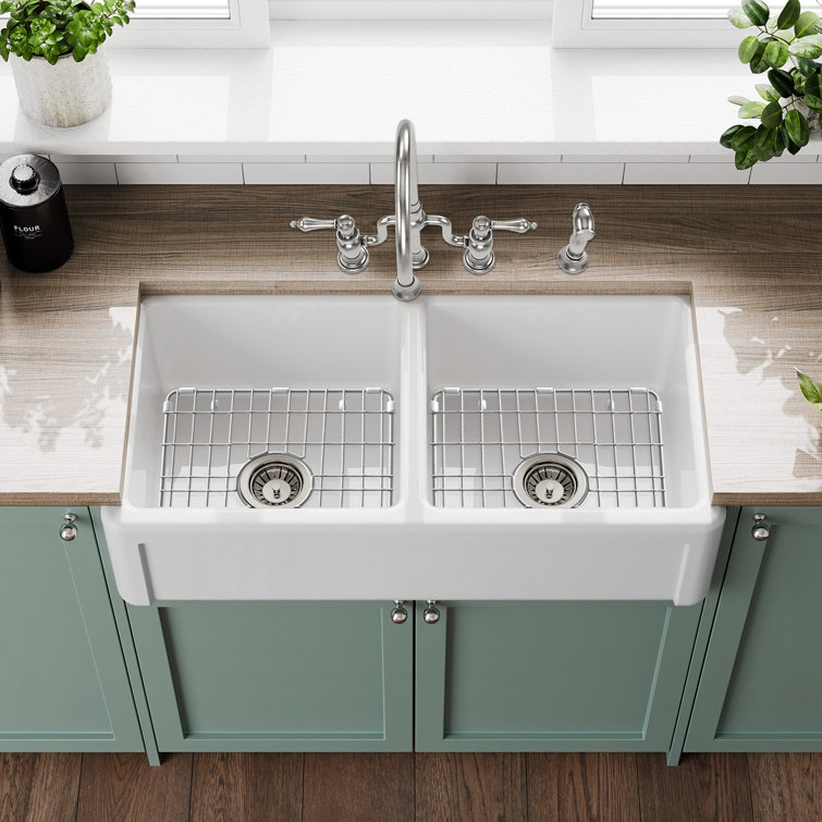 Glossy White Fireclay Double Bowl Farmhouse Kitchen Sink
