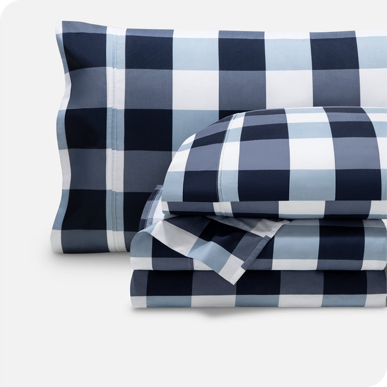 King Gingham Blue Cotton Polyester Microfiber Sheet Set