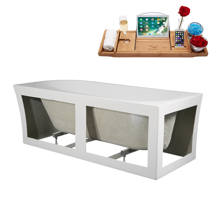 67" Glossy White Acrylic Freestanding Soaking Tub with Tray