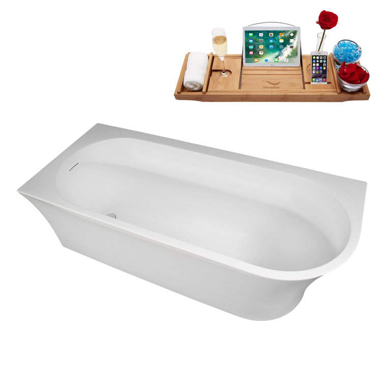 67" Glossy White Acrylic Freestanding Soaking Tub with Tray
