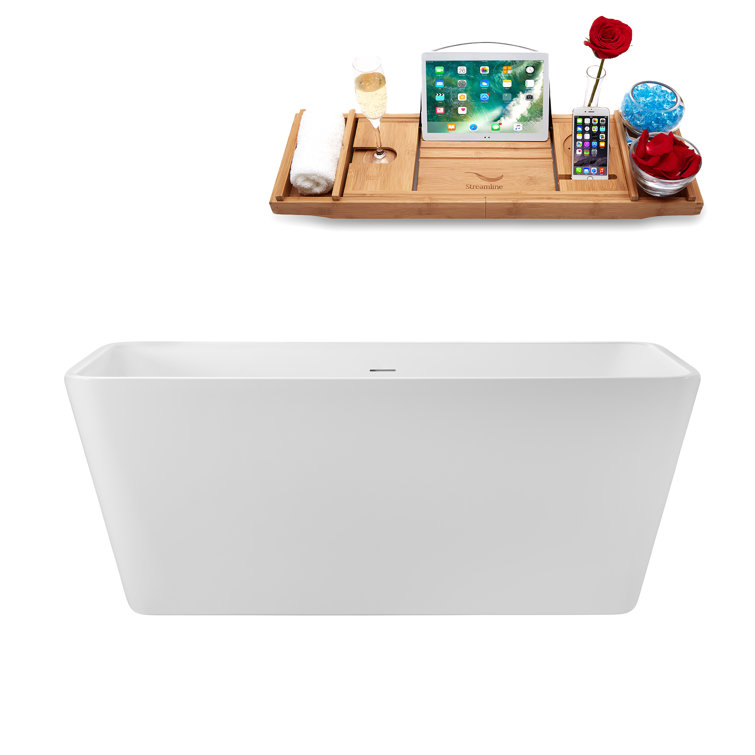 59" Glossy White Acrylic Freestanding Soaking Tub with Bamboo Tray