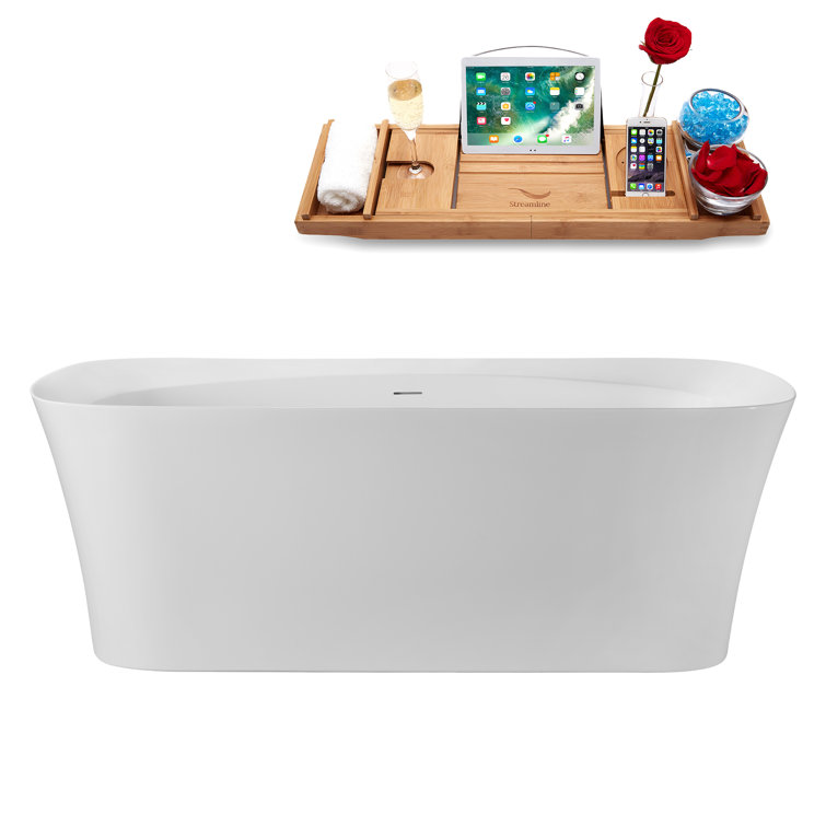 67" Glossy White Acrylic Freestanding Soaking Tub with Bamboo Tray
